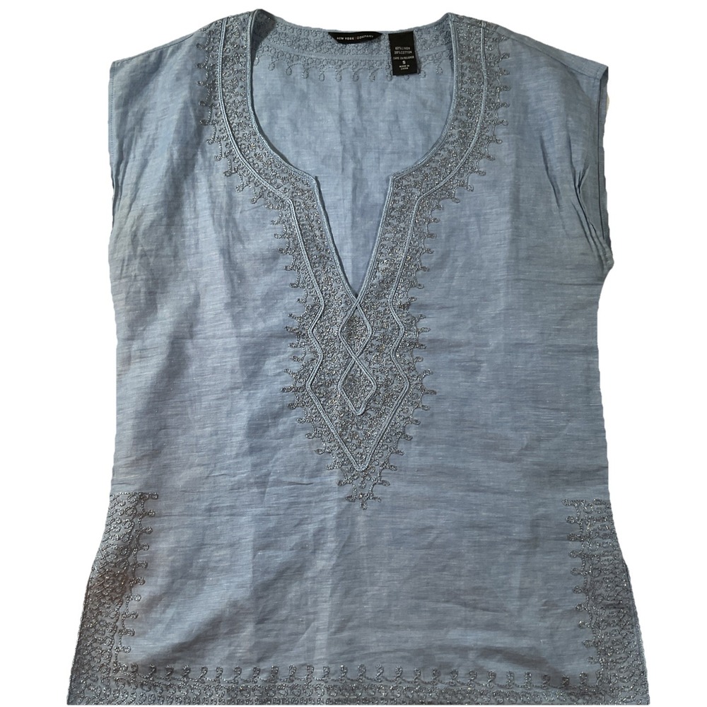 New York & Company Light Blue Embroidered Linen Blend Sleeveless V-Neck Sz S J58
